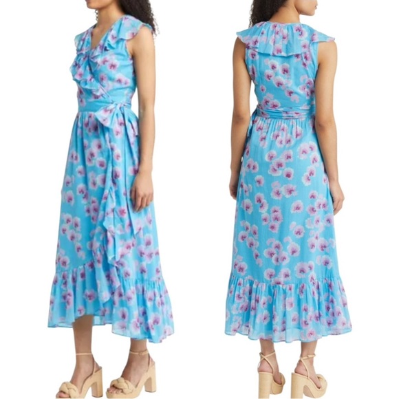 NWT Banjanan Anthropologie Elise Cotton Floral Wrap Midi Dress Blue Size XS - Picture 1 of 15